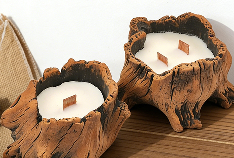 Bougie d'artiste en cire d'abeille naturelle en forme de souche de bois Ustic