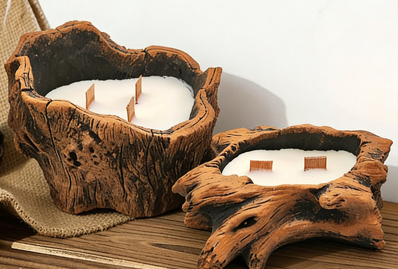 Bougie d'artiste en cire d'abeille naturelle en forme de souche de bois Ustic