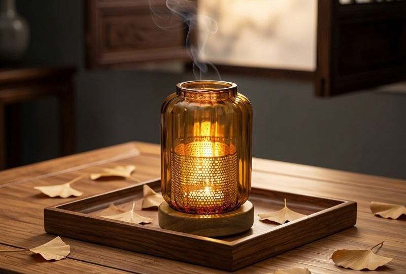 Bougeoir en pot en verre avec base en bois