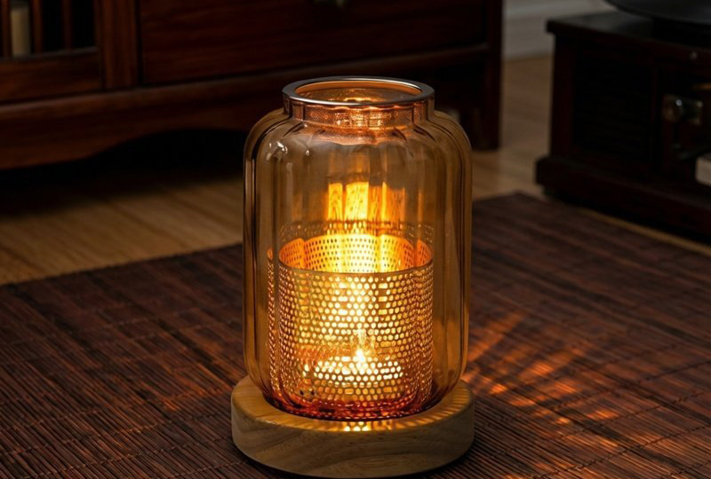 Bougeoir en pot en verre avec base en bois