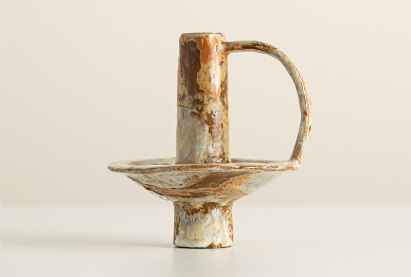 Bougeoir rustique en céramique émaillée marron