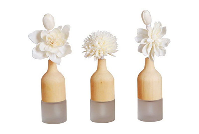 Ensemble de diffuseur d'aromathérapie de fleurs en bois et verre givré