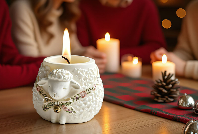 Bougie en pot en marbre avec relief en gypse en forme d'agneau