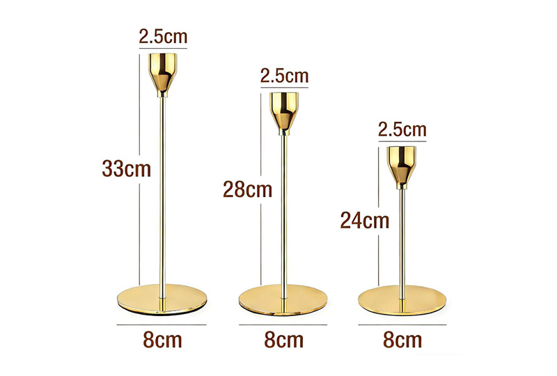 Ensemble de bougeoirs coniques hauts et fins en or — 3 hauteurs