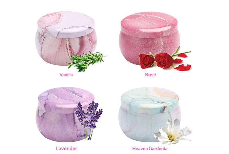 Bougie ronde en pot en marbre avec couvercle et imprimé marbré pastel