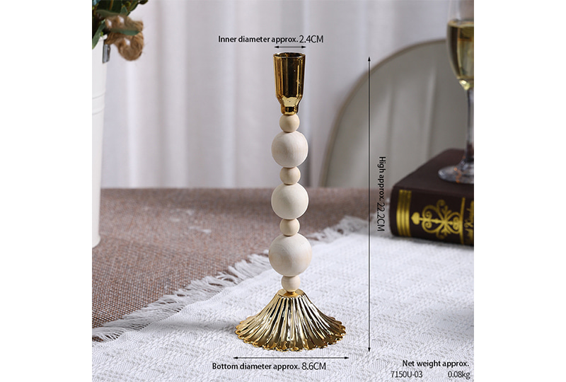 Bougeoir conique à colonne de perles en bois naturel